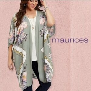 Maurices Kimono Cardigan Womens Floral Scarf Print Open‎ Front Sage Green S/M